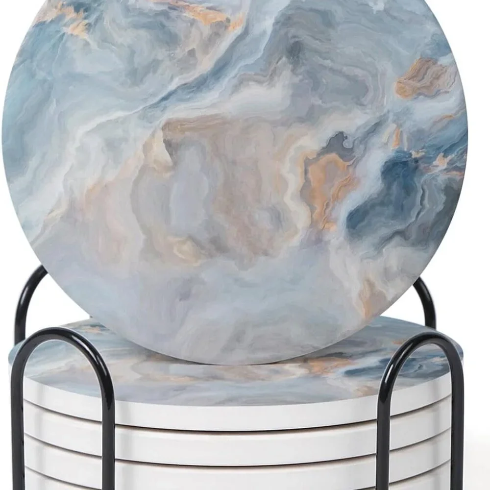Set of 6 Abstract Blue Marble Coasters with Holder, Absorbent Ceramic Coasters f